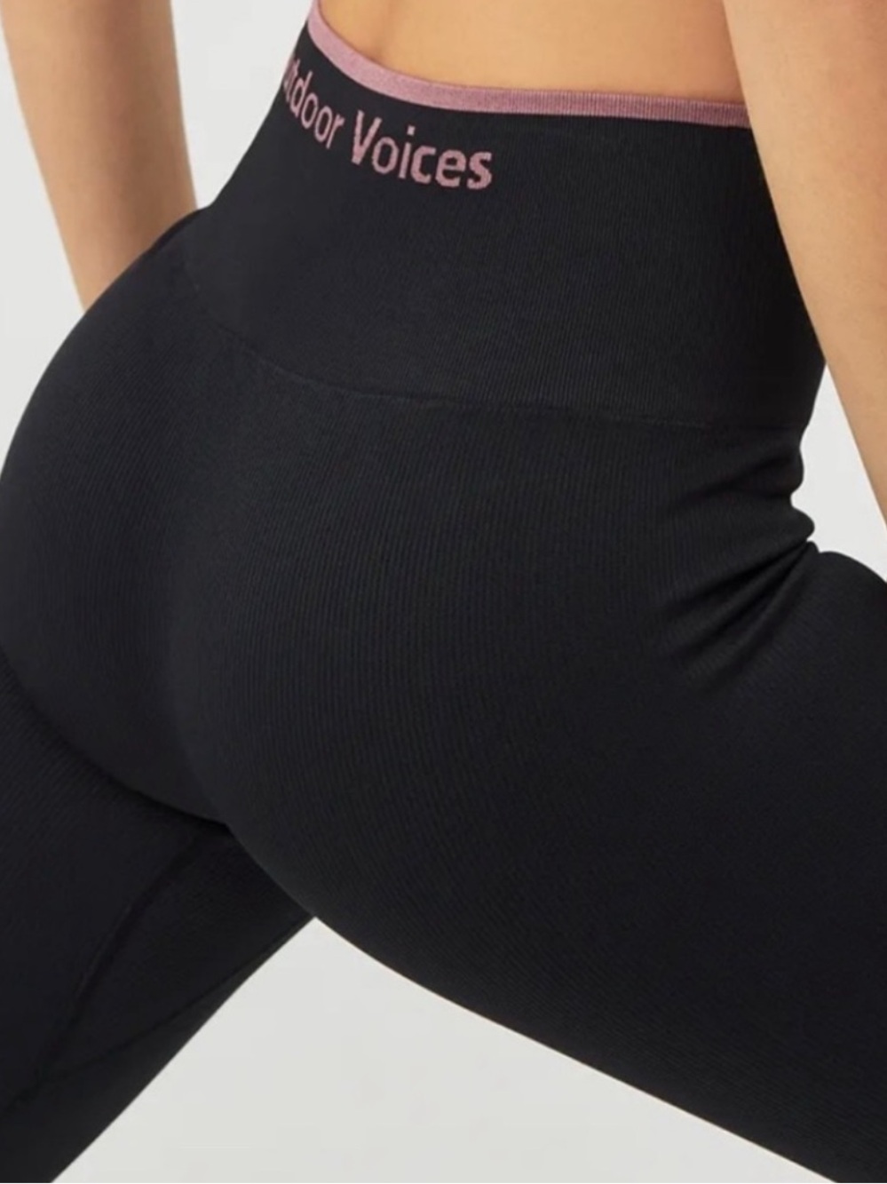Outdoor Voices Seamless Rib 7/8 Leggings Black Pink Trim High Rise Large
